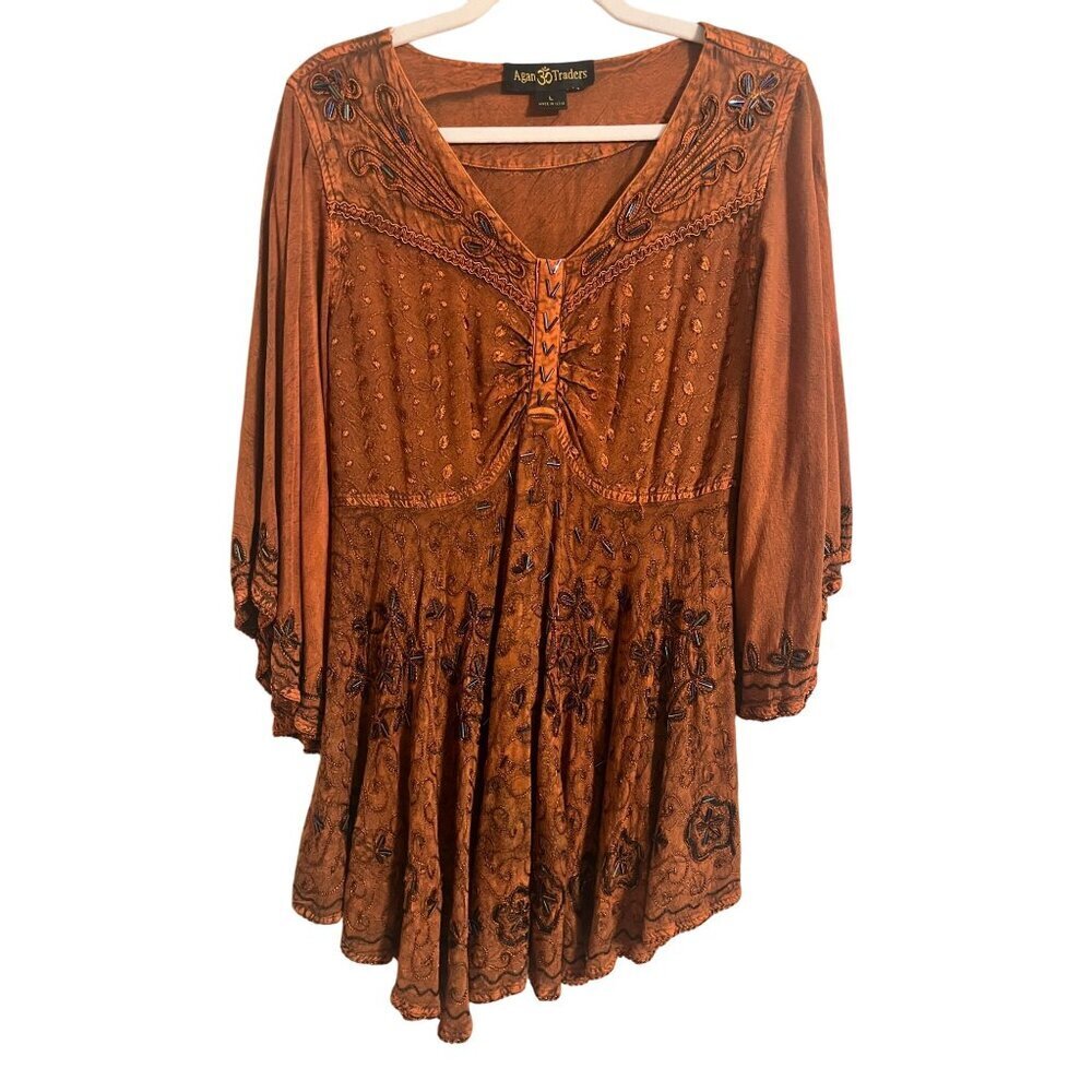 Retro Floral Beaded Boho Top Orange L Indie Hippie Western Folk Artsy Funky 80s